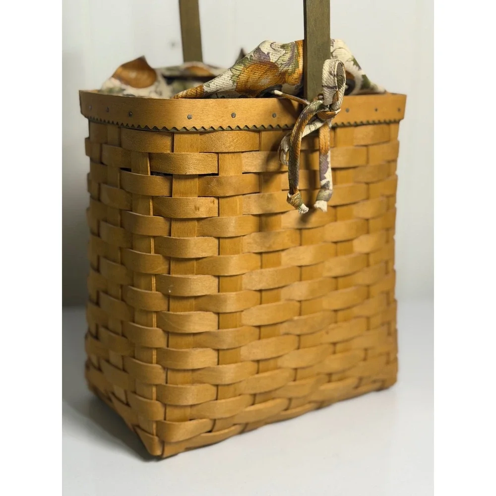 VTG Longaberger Autumn Tote Basket Brown Woven Wood Fabric Liner Handle 2003